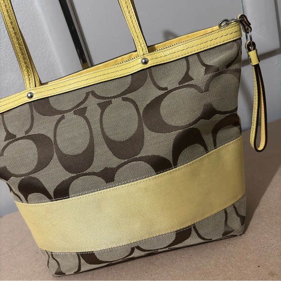 Coach Signature Canvas Yellow Stripe Leather Trim Shoulder Tote Trapezoid Bag - Picture 2 of 15